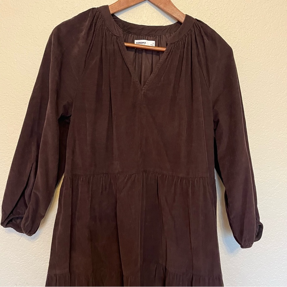 Sonoma Brown Corduroy Long Sleeve Tiered Waist Dress Women's Small - Picture 3 of 11
